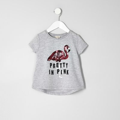Mini girls grey marl flamingo print T-shirt